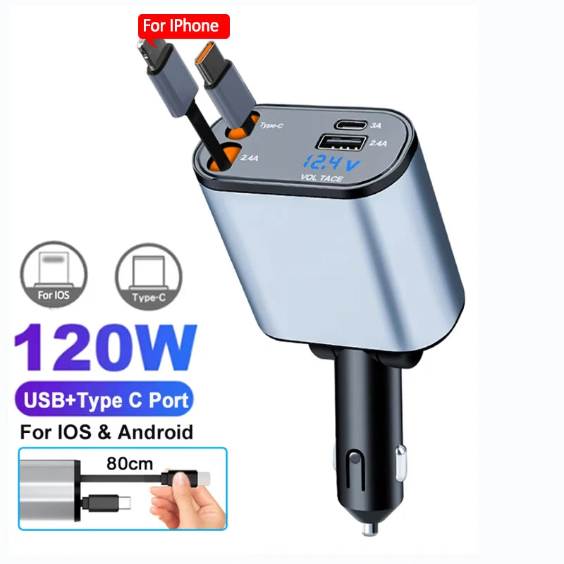 120W Retractable Fast Car Charger with 4-in-1 Charging Ports