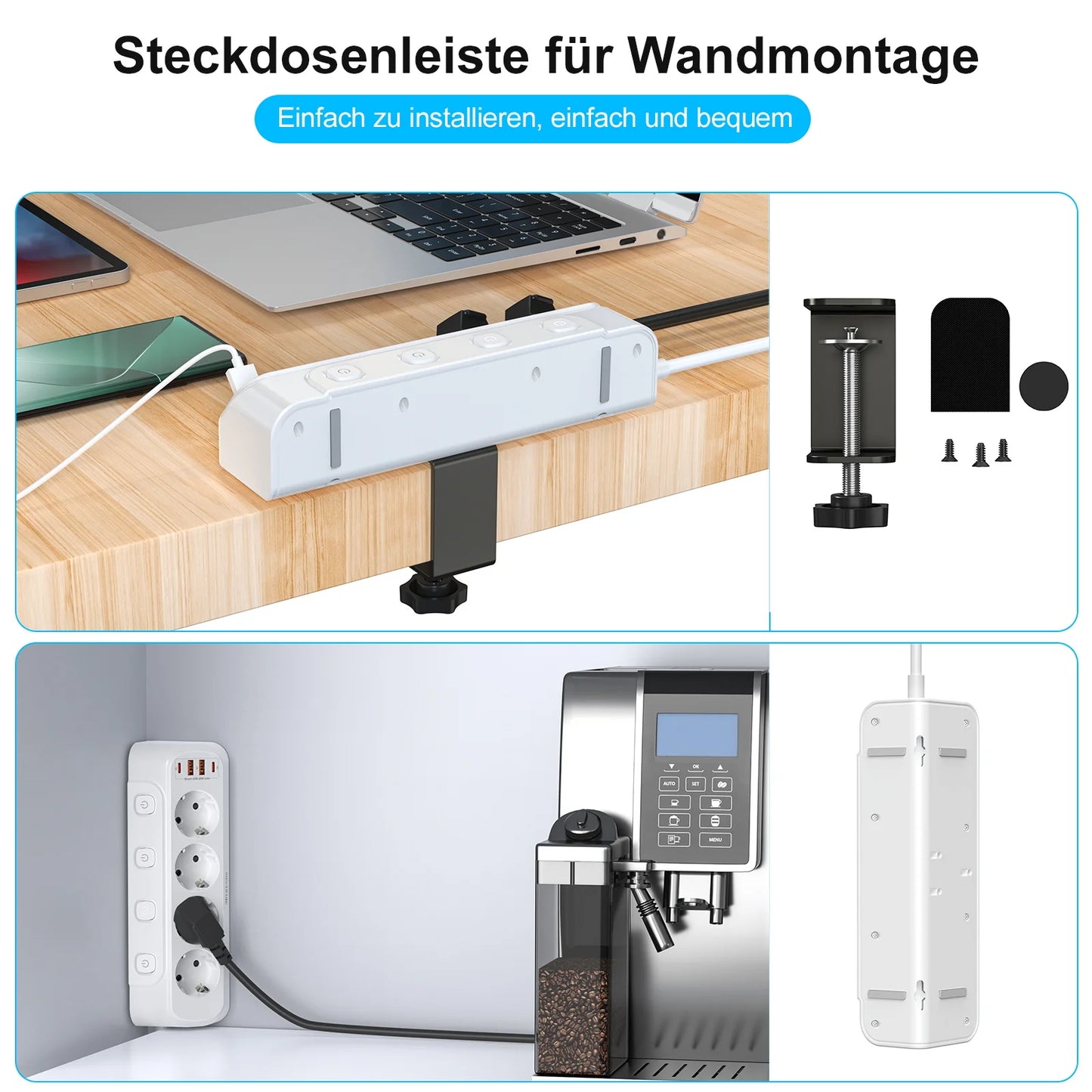 8-in-1 EU Power Strip with 4 Outlets, 2 USB-C & 2 USB-A Fast Charging