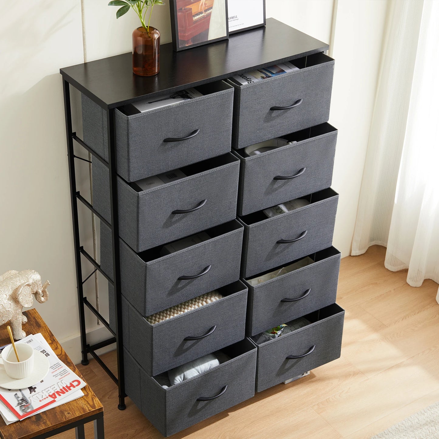 10-Drawer Fabric Dresser Organizer with Sturdy Steel Frame Storage Unit