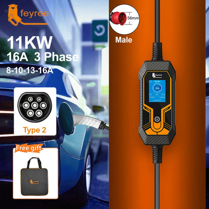 11KW Portable EV Charger Type 2 CEE Plug Adjustable 3-Phase Charging