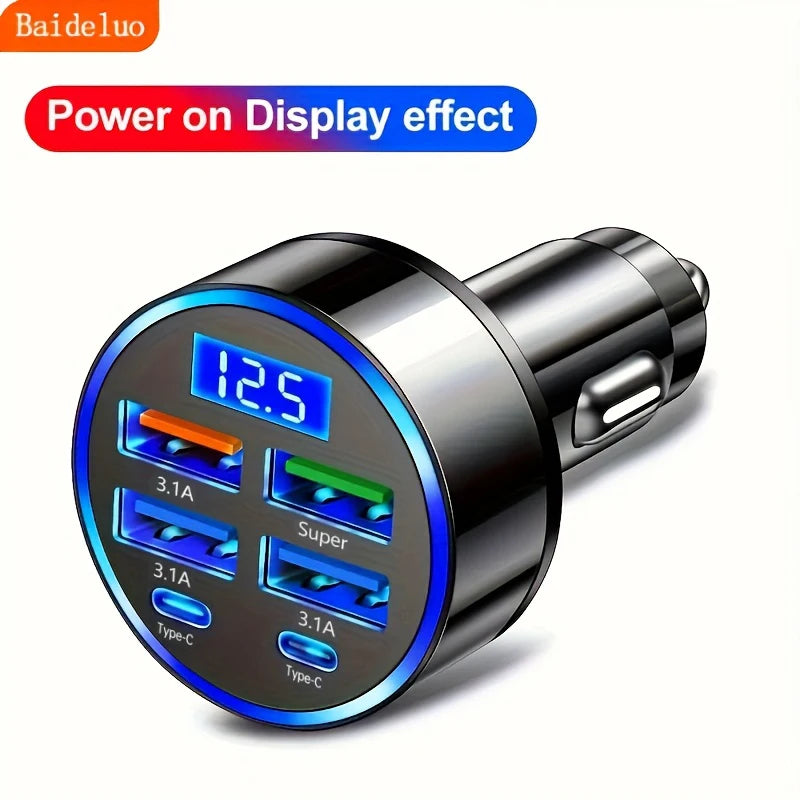 100W 6-Port Fast Car Charger - USB-C PD & QC3.0 Multi-Device Adapter