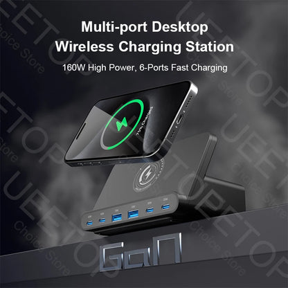 160W GaN Desktop USB Charging Station with 15W Wireless Charger