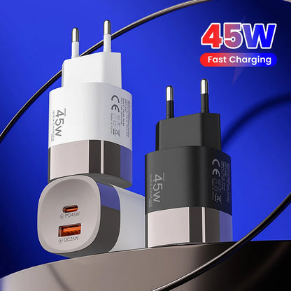 45W Dual Port USB-C & USB-A Fast Wall Charger for iPhone, Samsung, Huawei