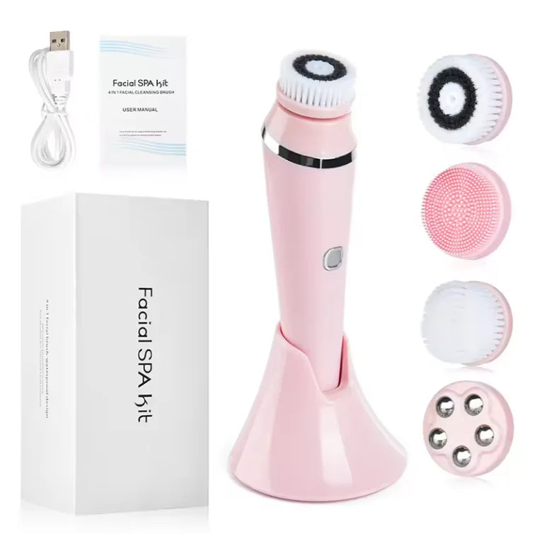 4-in-1 Electric Facial Cleansing Brush - Waterproof Rechargeable Skin Spa Kit