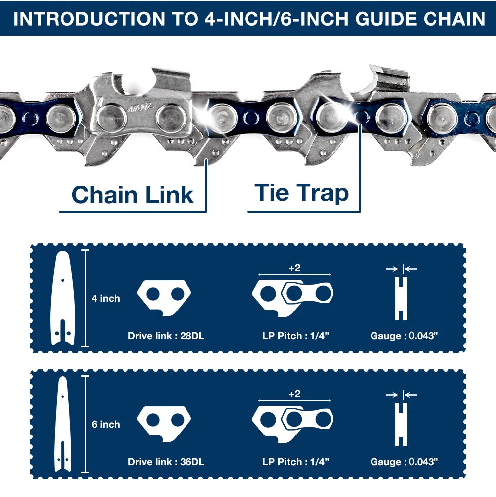 4 & 6-Inch Replacement Chains and Guide Bar Set for Mini Cordless Chainsaws