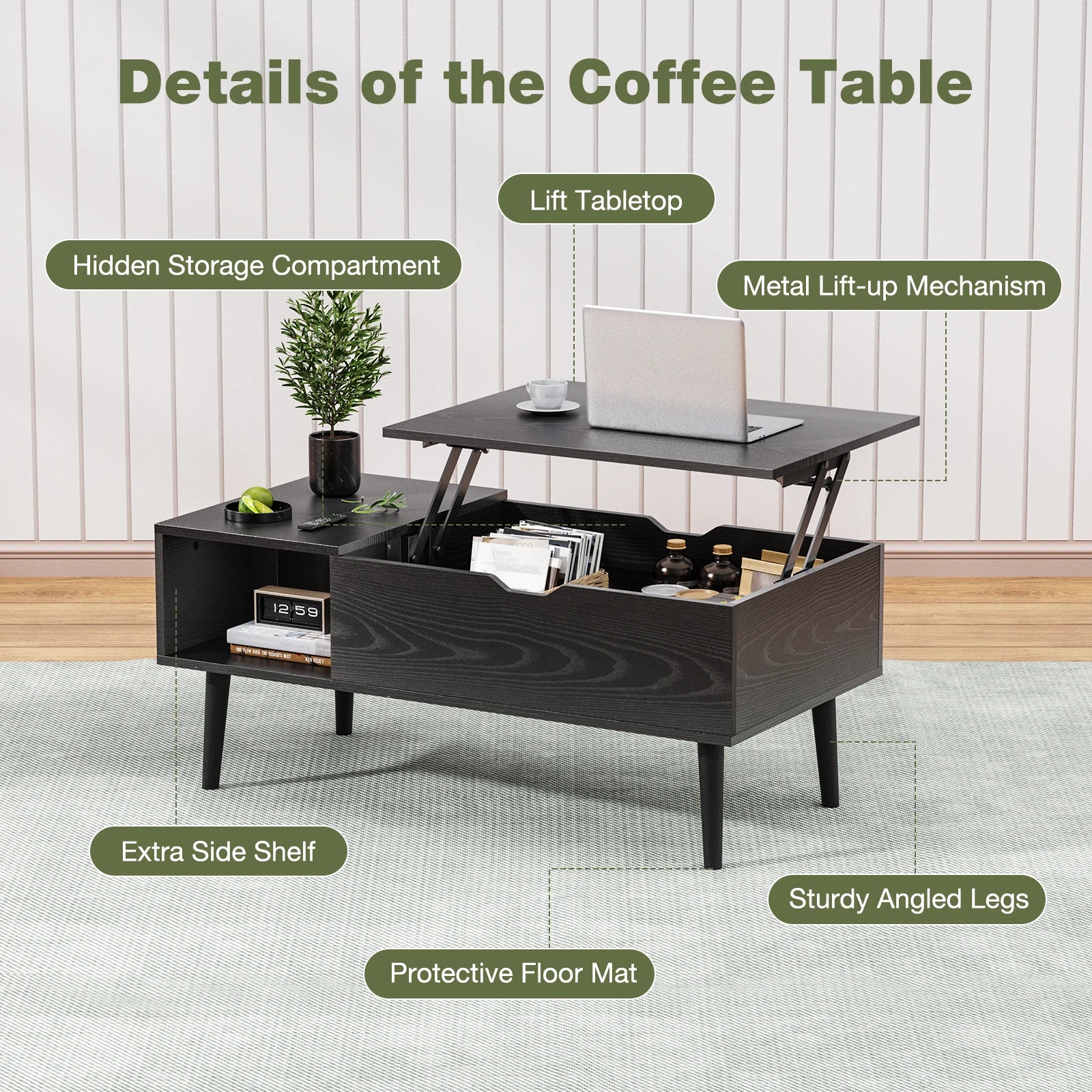 Modern Lift-Top Coffee Table with Hidden Storage & Adjustable Desk - 14