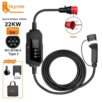 Portable Type 2 EV Charger - 7KW/11KW/22KW Fast Charging Cable