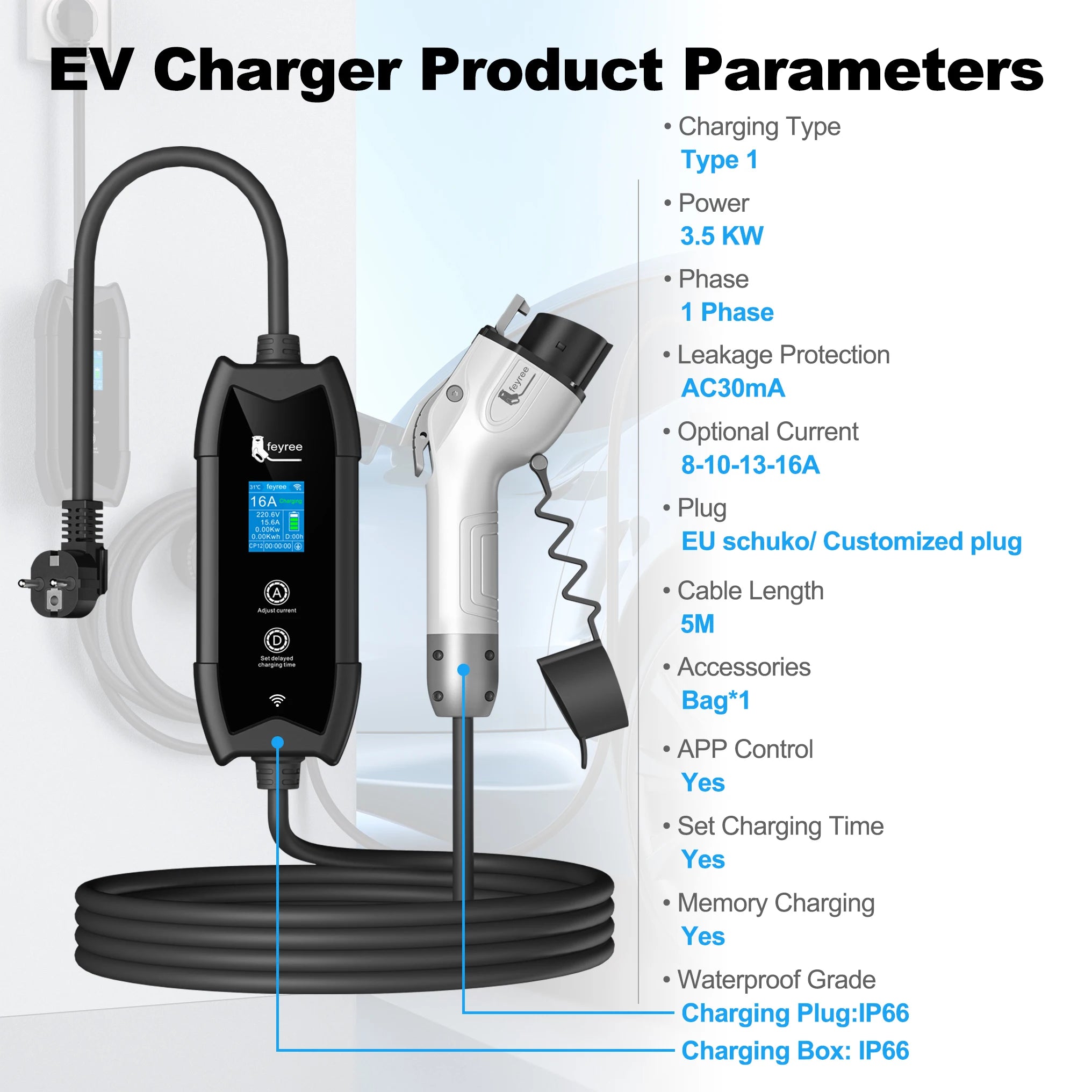 Portable Level 2 EV Charger - Type 1, 16A, 3.5KW with Smart App & LCD - 7