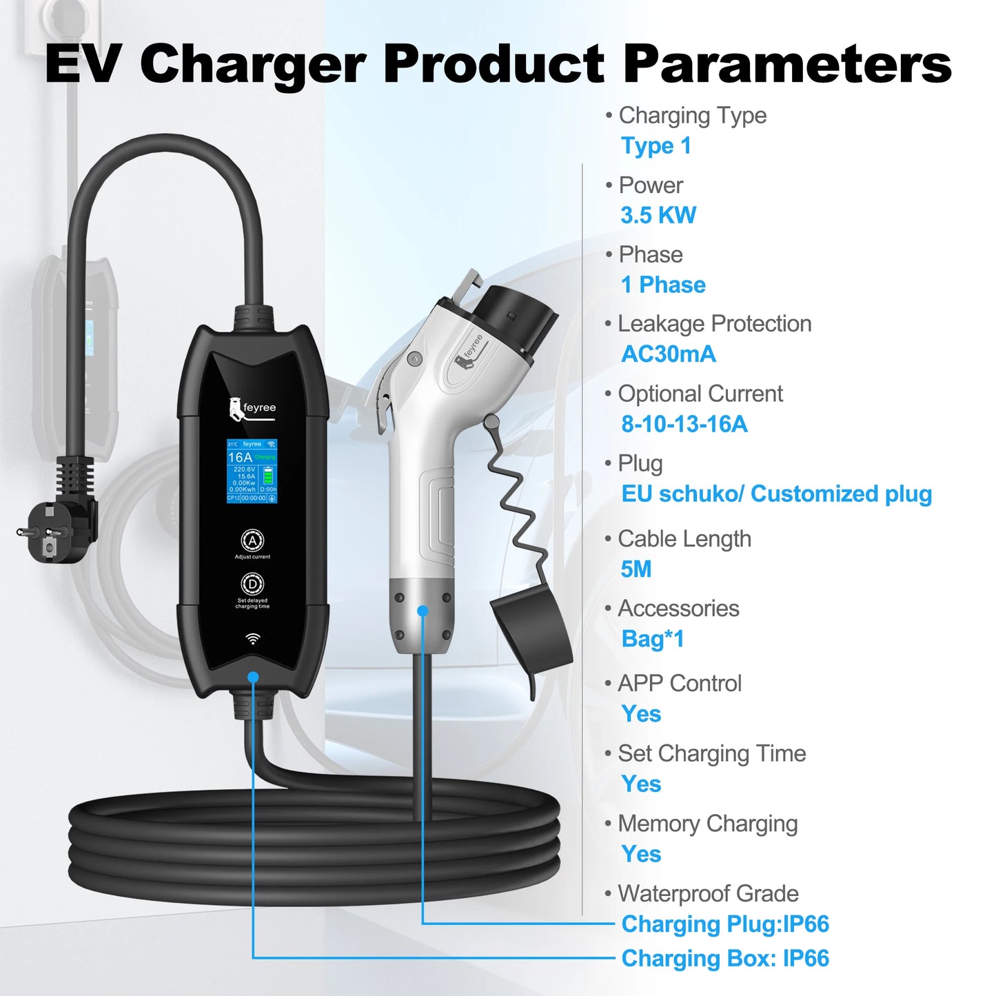 Portable Level 2 EV Charger - Type 1, 16A, 3.5KW with Smart App & LCD