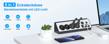 7-in-1 Wall Mount Power Strip with USB-C Fast Charging & LED Night Light