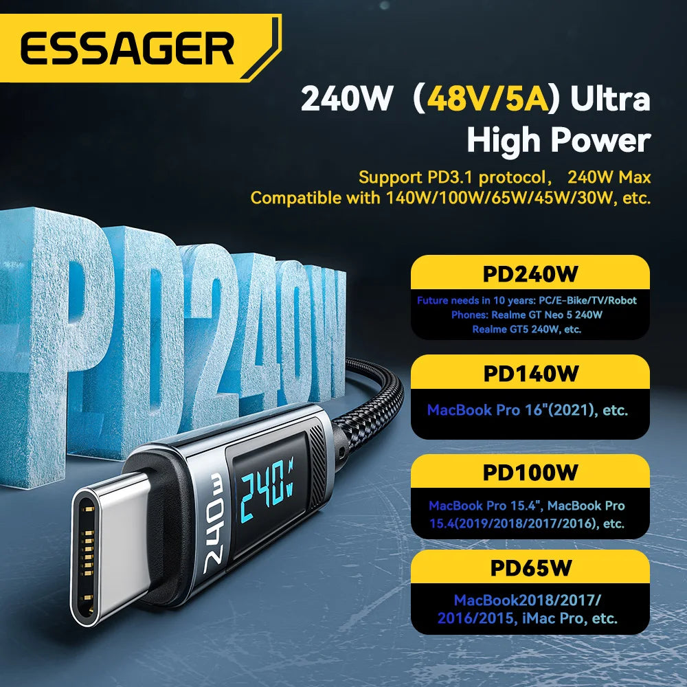 Essager 240W USB-C to USB-C Fast Charging Cable with LED Power Display - 2