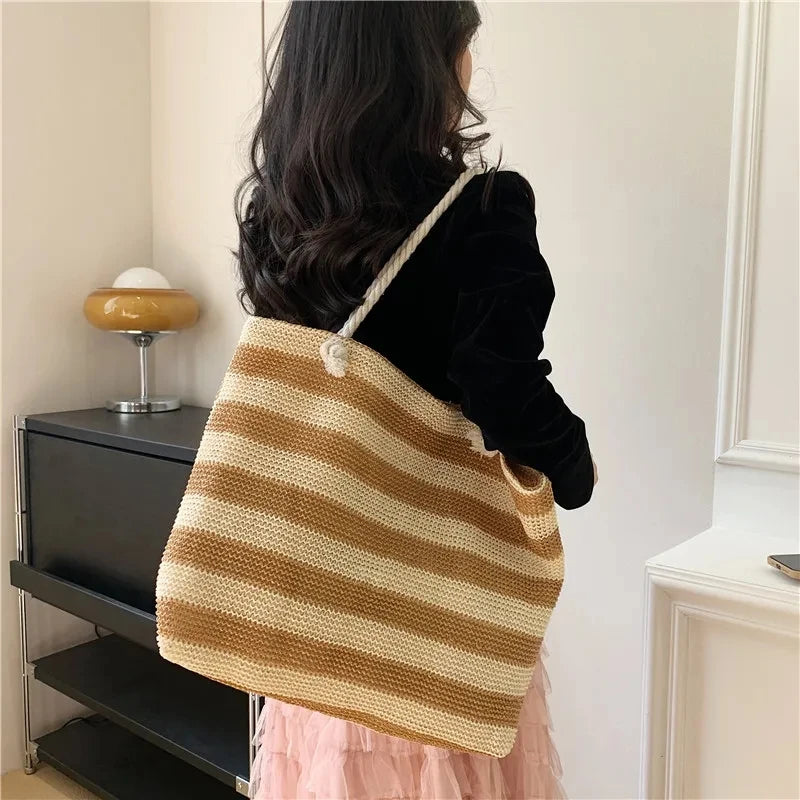 Luxury Striped Straw Beach Tote