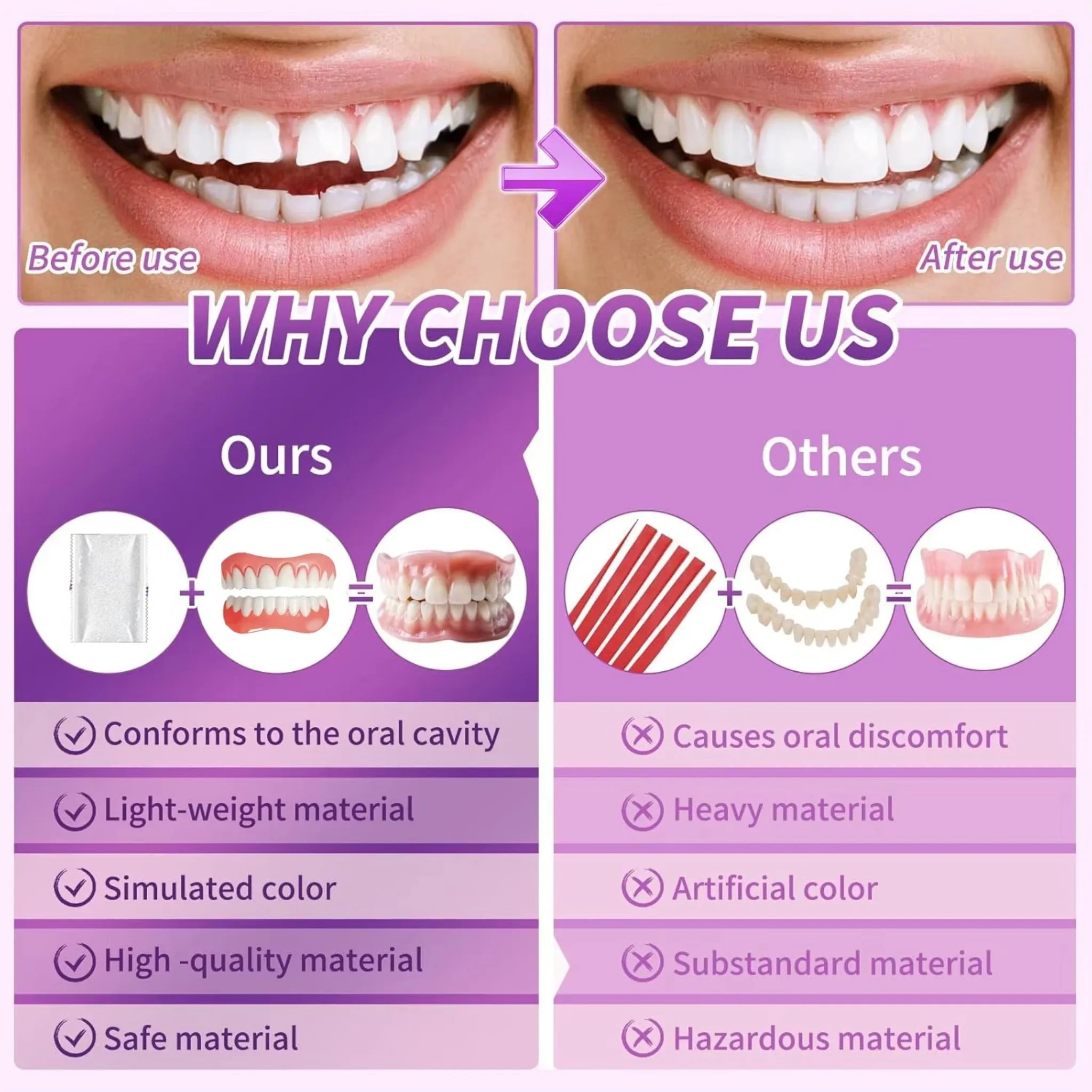 Comfort Fit Silicone Cosmetic Dentures - Natural Looking Instant Smile Veneers - 3