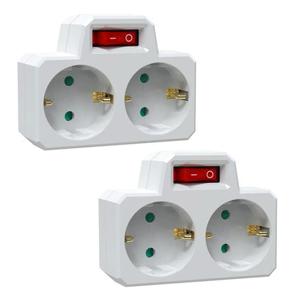 German Standard 2-Way Wall Socket Adapter with On/Off Switch & Surge Protection