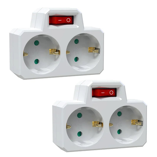 German Standard 2-Way Wall Socket Adapter with On/Off Switch & Surge Protection