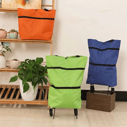 2-in-1 Foldable Shopping Bag with Wheels Pull Cart