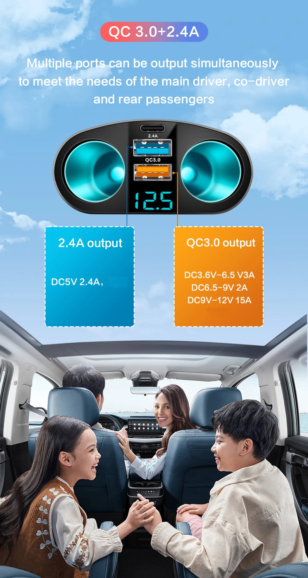 Dual-Port Fast Car Charger Adapter with Real-Time Digital Display
