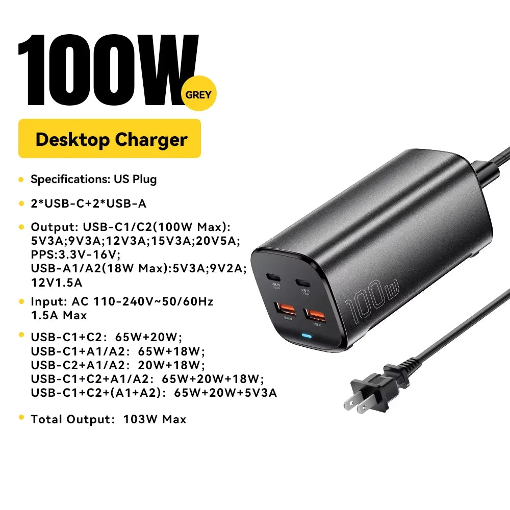100W GaN Desktop Fast Charger - 4-Port USB-C & USB-A Multi-Device Charging Station - 22
