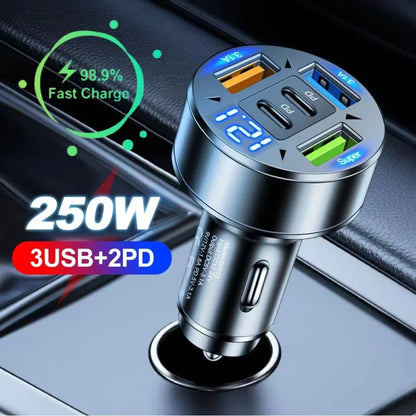 250W 5-Port Fast Car Charger - PD QC3.0 USB-C Multi-Device Adapter