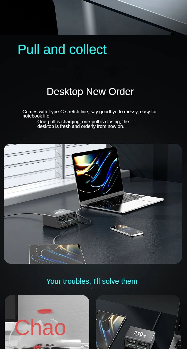 6-in-1 Retractable Fast Charging Station 210W USB-C Desktop Power Hub - 9