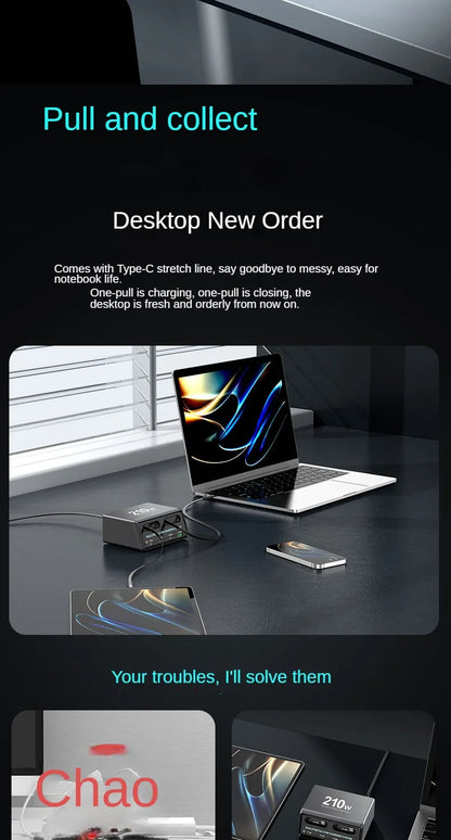 6-in-1 Retractable Fast Charging Station 210W USB-C Desktop Power Hub