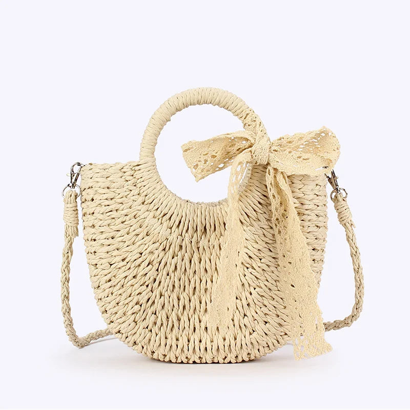 Luxury Lace Bow Straw Bag