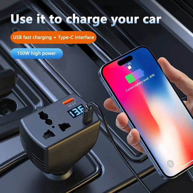 150W Car Power Inverter 12V/24V to 220V with Fast USB Charger & Voltage Monitor