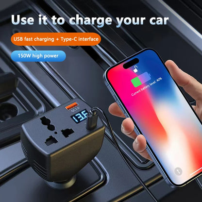 150W Car Power Inverter 12V/24V to 220V with Fast USB Charger & Voltage Monitor