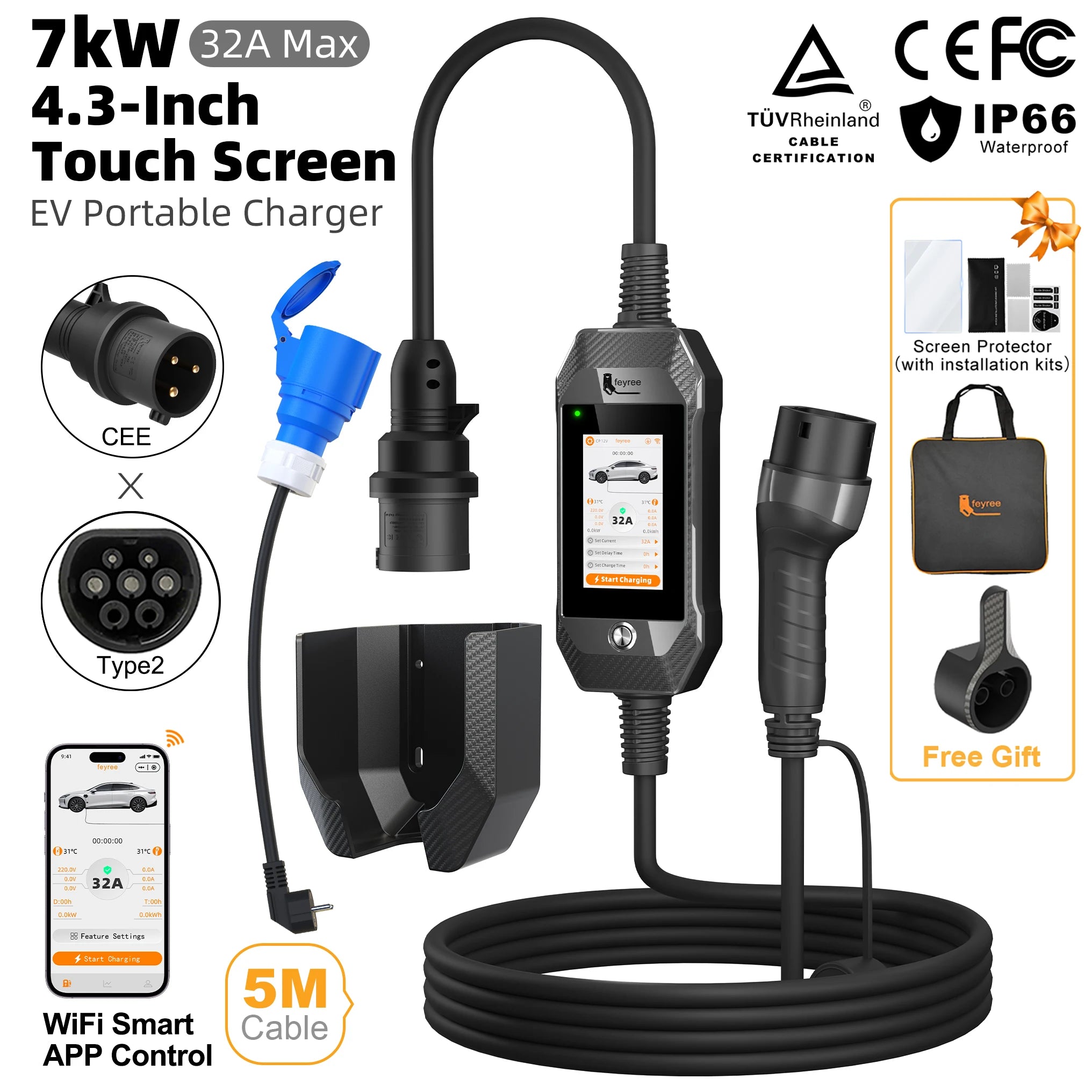 Portable 7kW EV Charger with 4.3" Touchscreen & Smart WiFi App Control - 27