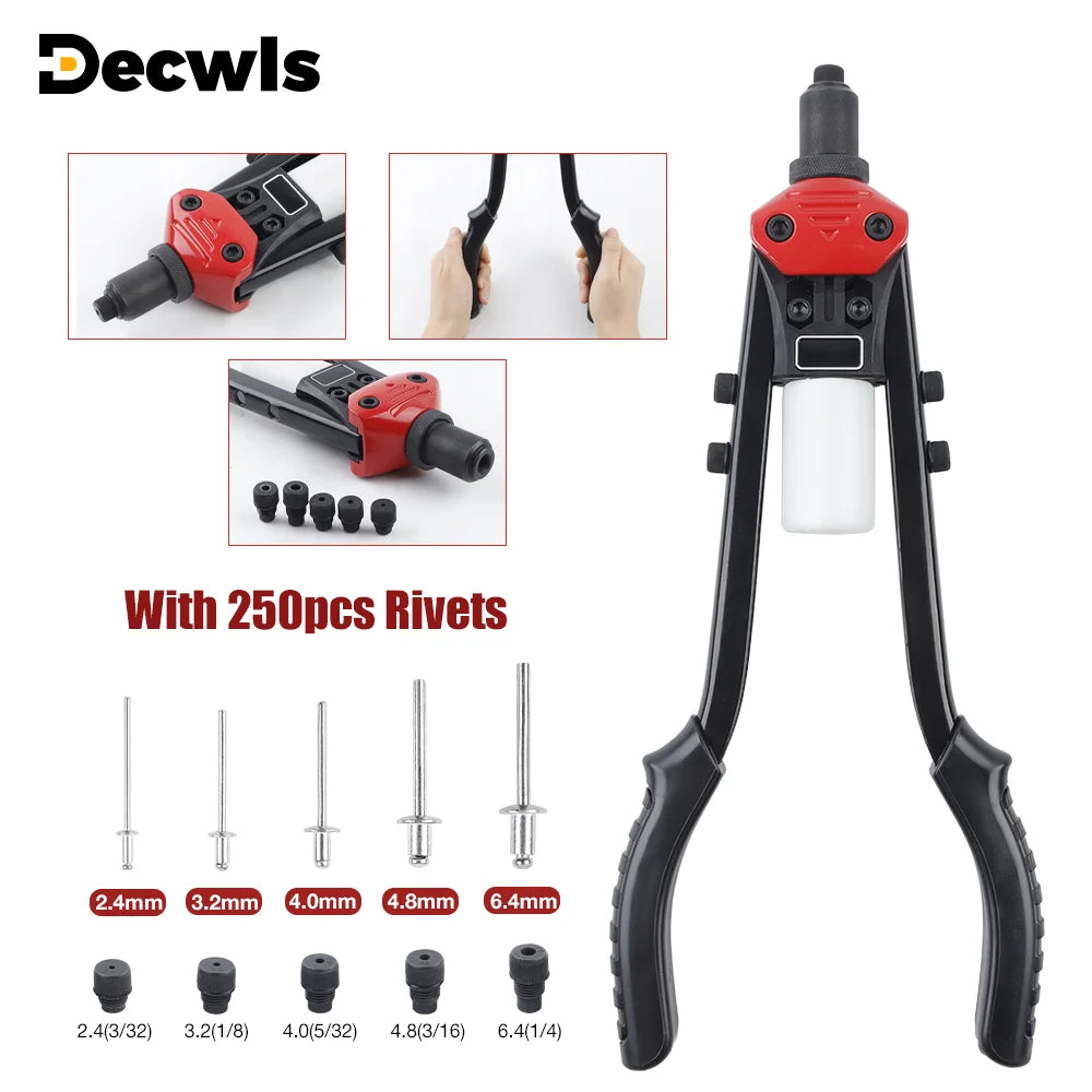 Heavy Duty Manual Pop Rivet Gun Kit - Hand Riveter with 250pcs Rivets & 5 Drill Bits - 1