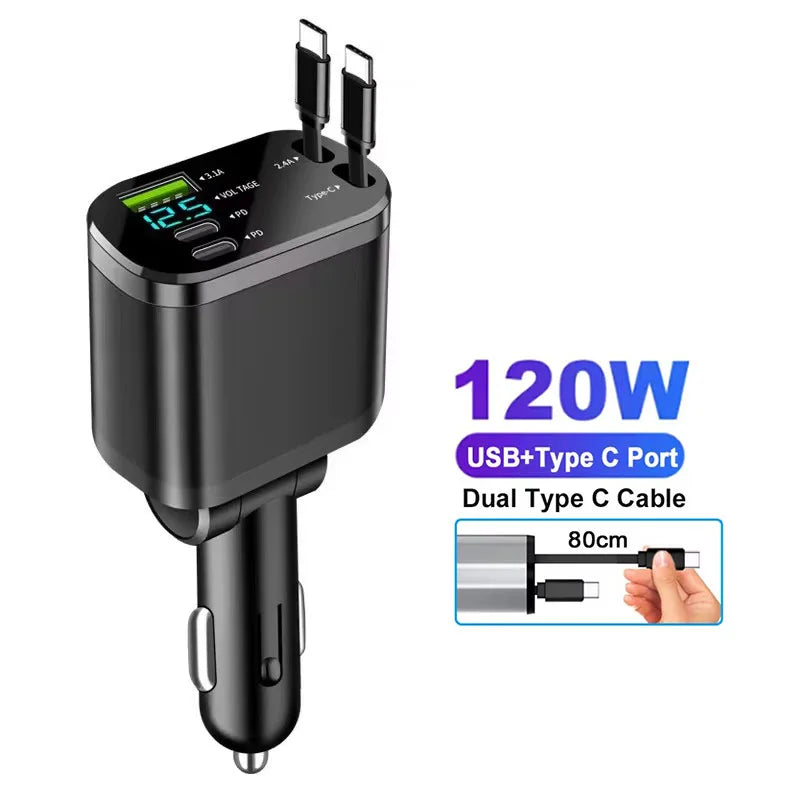 4-in-1 Retractable Car Charger - 120W Fast Charging with Voltage Display for iPhone & Samsung - 17