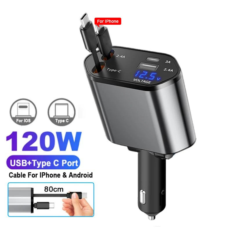 120W Retractable 4-in-1 Car Charger with Voltage Display & Fast Charging