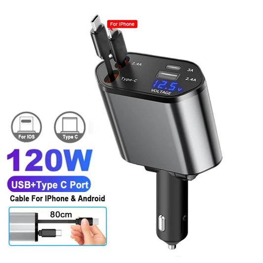 120W Retractable 4-in-1 Car Charger with Voltage Display & Fast Charging