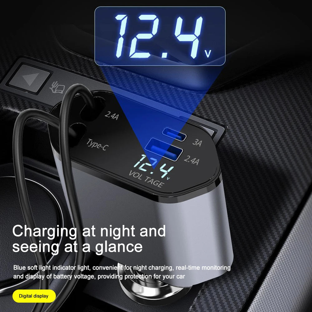 4-in-1 Retractable Car Charger - 120W Fast Charging with Voltage Display for iPhone & Samsung - 3