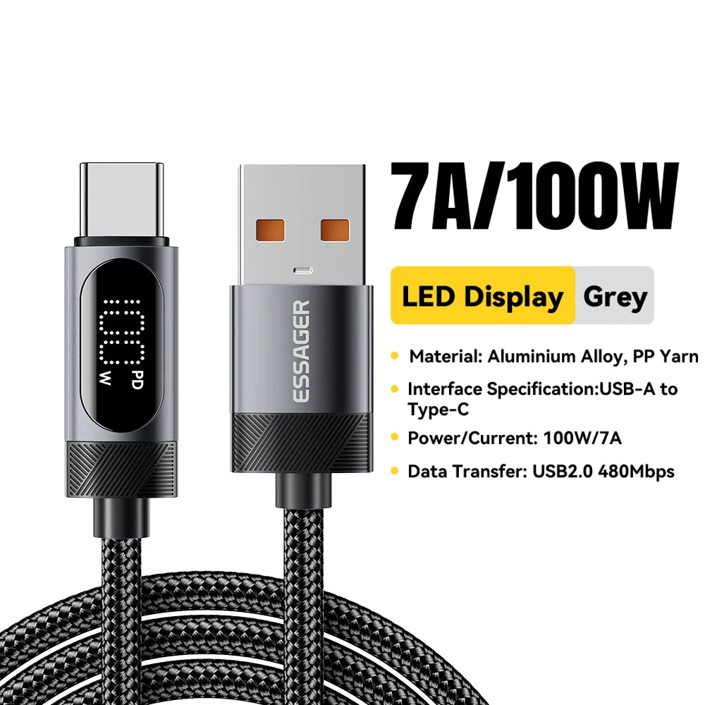 100W PD Fast Charging USB-C Cable with Digital Power Display