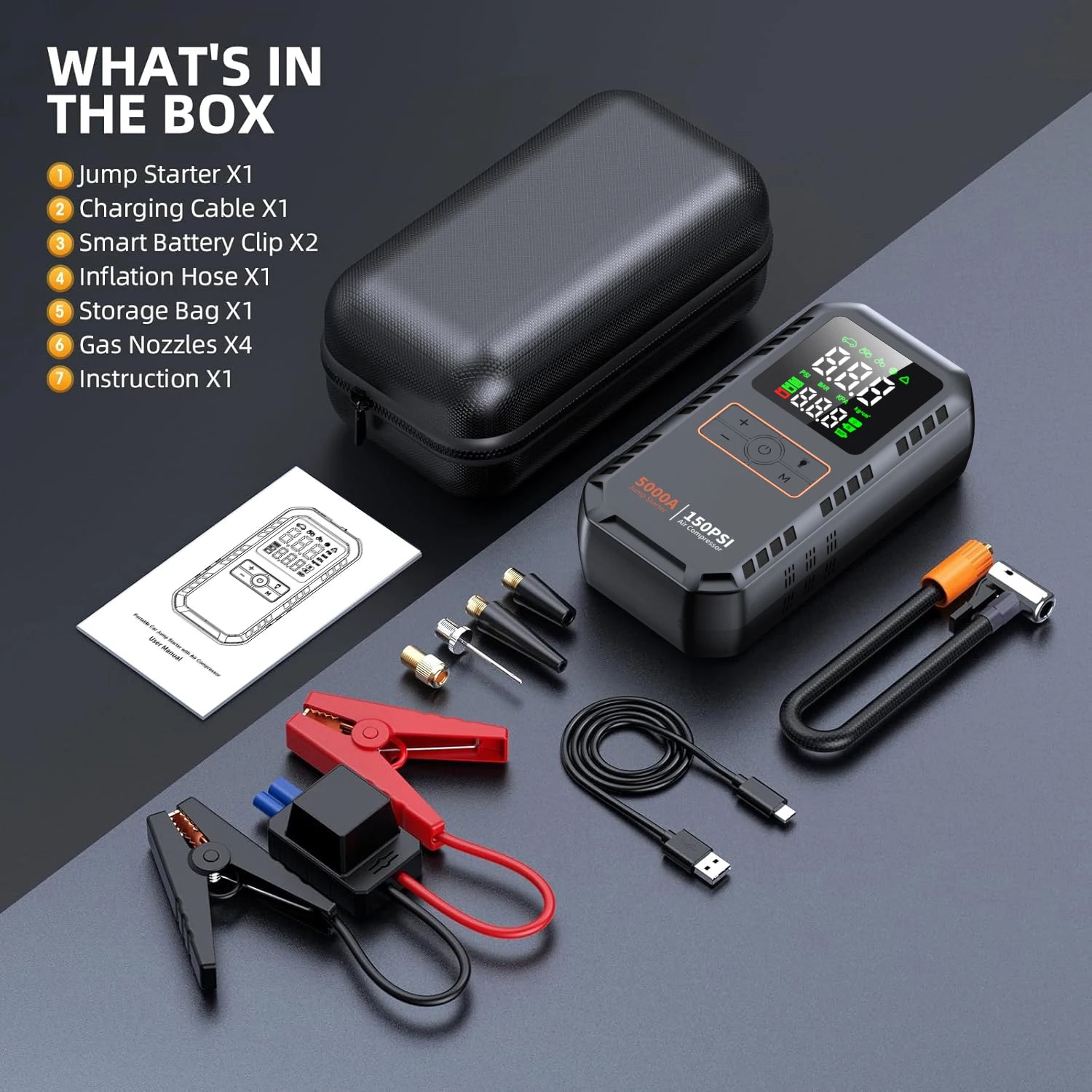 5000A Car Jump Starter with 150PSI Air Compressor & Portable Power Bank - 6