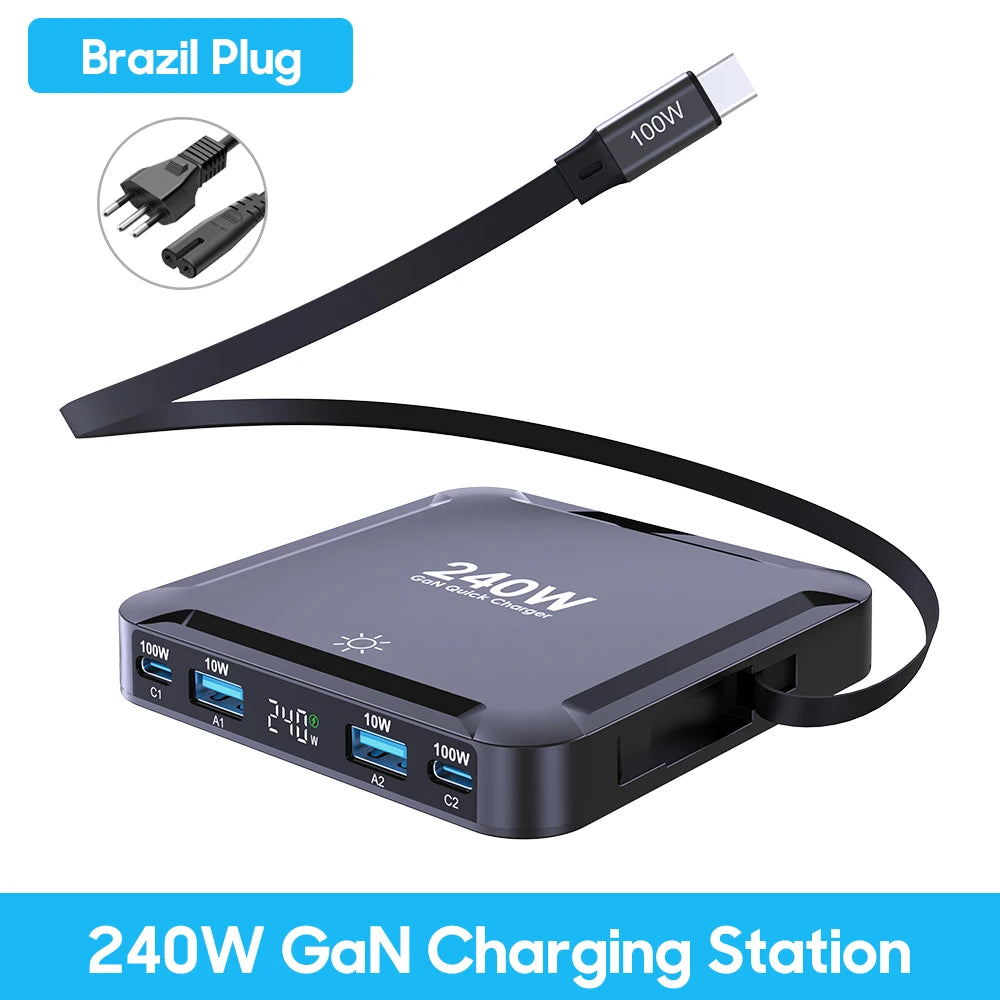 240W 5-in-1 GaN Fast Charging Station with 100W Retractable Cable