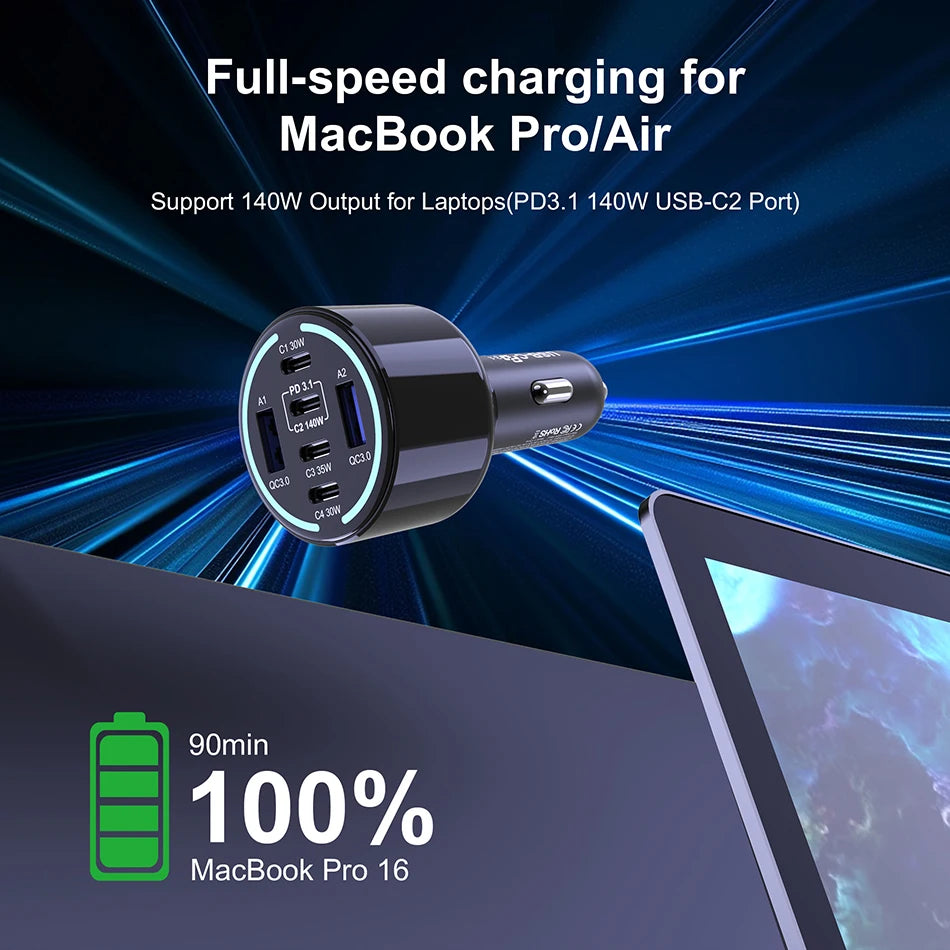 240W 4-Port USB-C Car Charger - PD 3.1 Super Fast Charging Adapter - 24