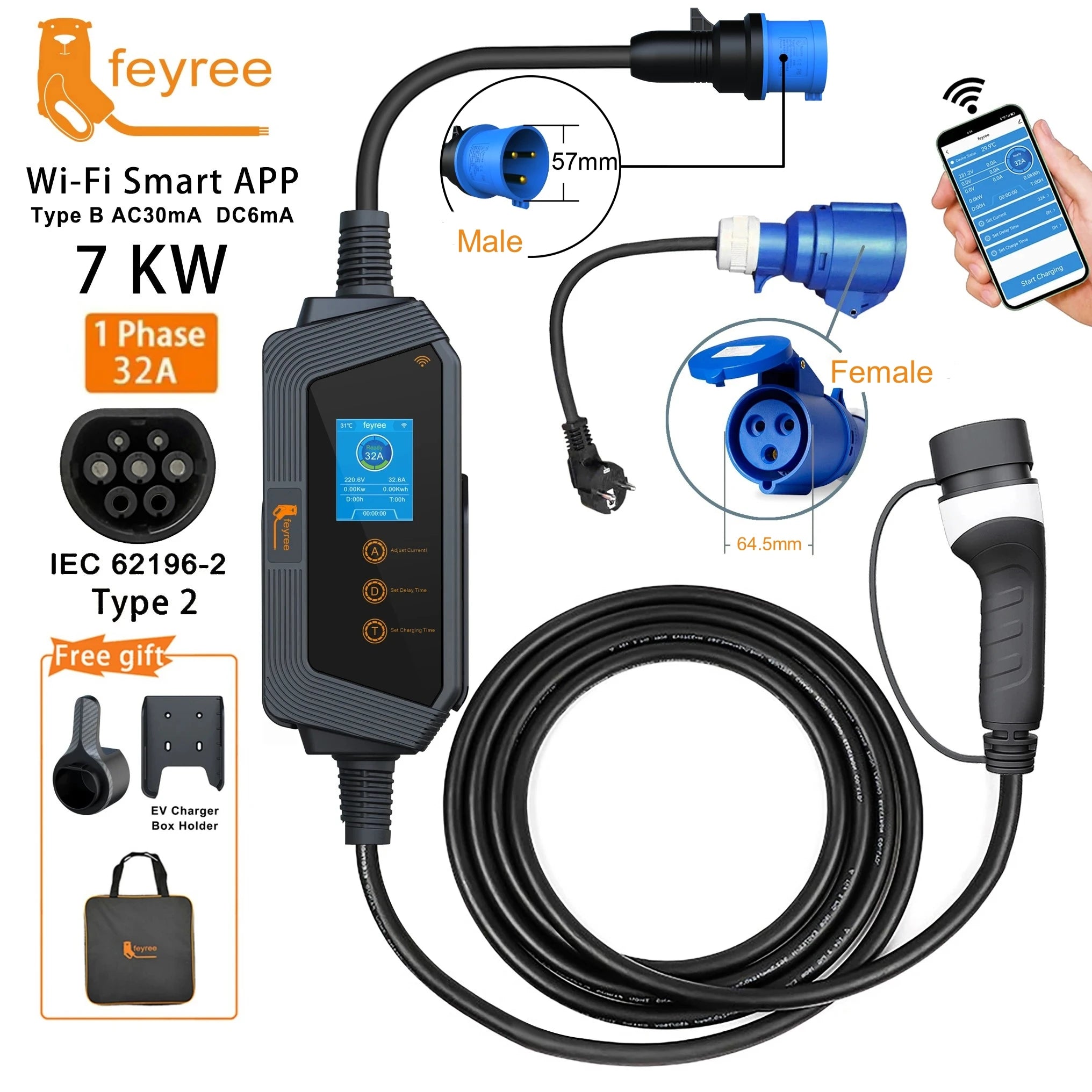 7kW Smart Portable EV Charger Type 2 - Wi-Fi App Control & Adjustable Amps - 35