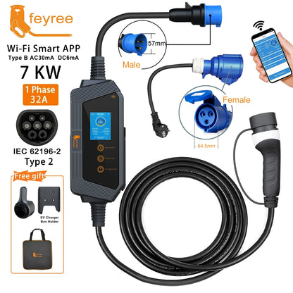 7kW Smart Portable EV Charger Type 2 - Wi-Fi App Control & Adjustable Amps