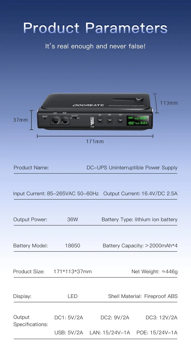 36W Mini DC UPS Backup Power Supply for Router & CCTV - Uninterruptible - 9