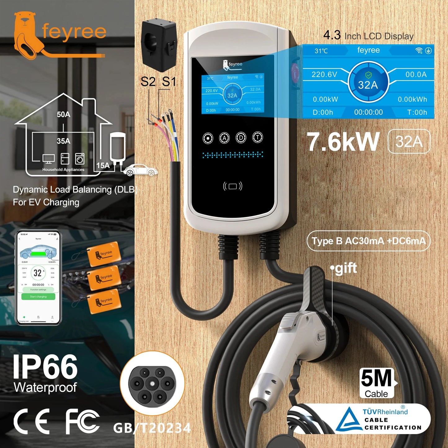 Feyree Smart EV Charging Station - WiFi App Control & Dynamic Load Balancing