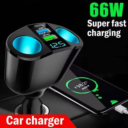 120W Dual USB Car Charger with Digital Voltage Display & Fast Charging