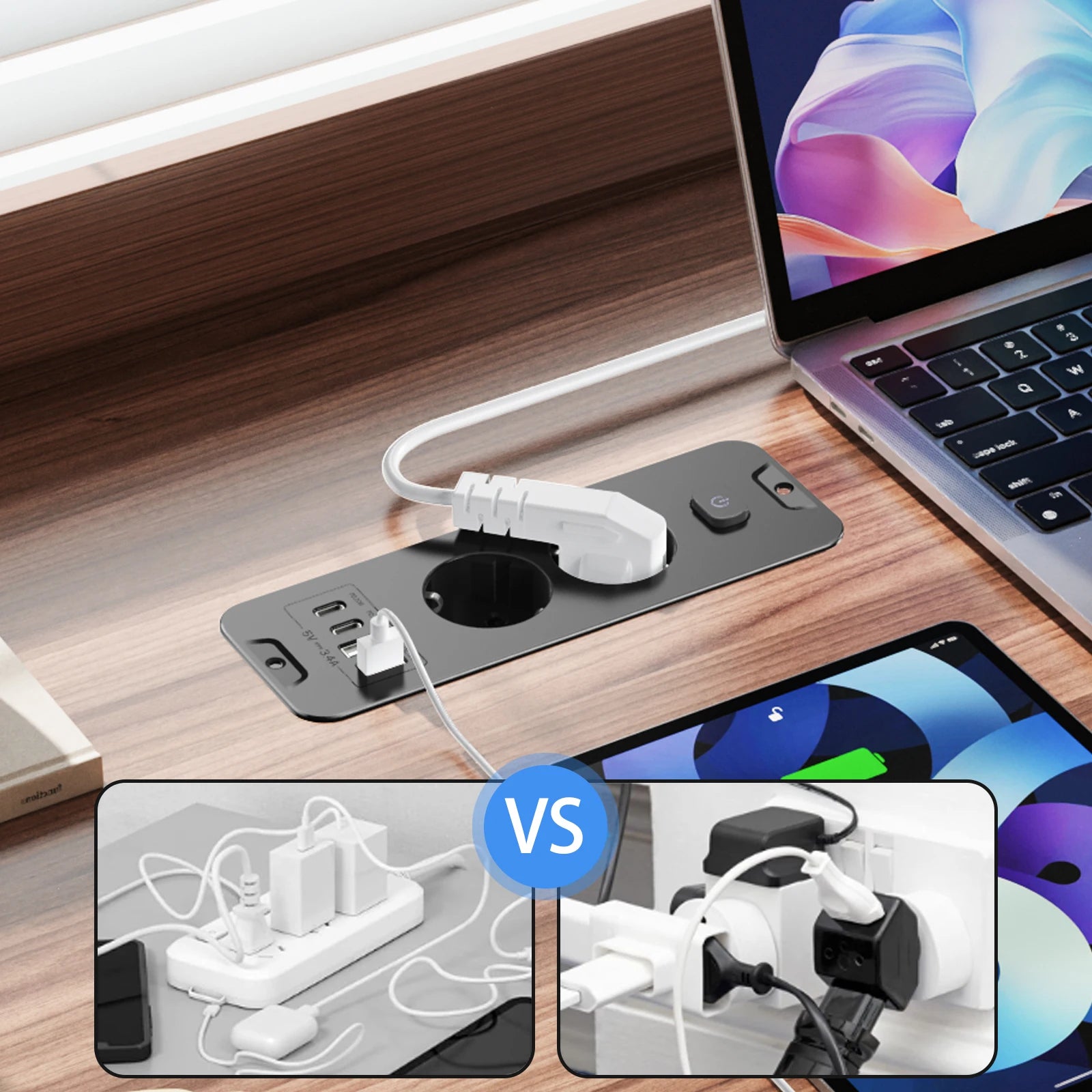Desktop Recessed Power Strip - Built-in 3 AC Sockets, USB & PD 20W Type-C - 8