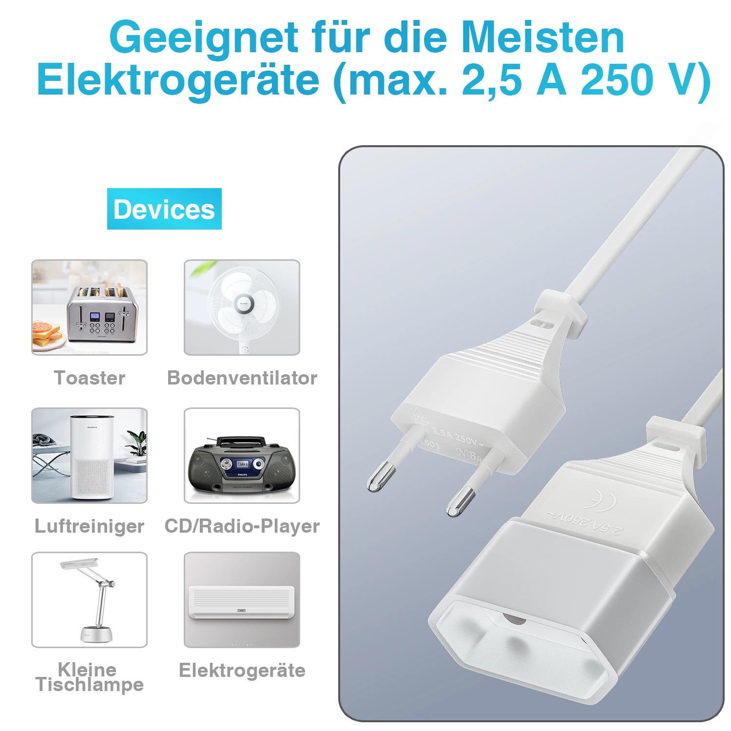 2pcs 1m Euro Plug Power Extension Cable - High-Quality 2.5A/250V Cord - 9