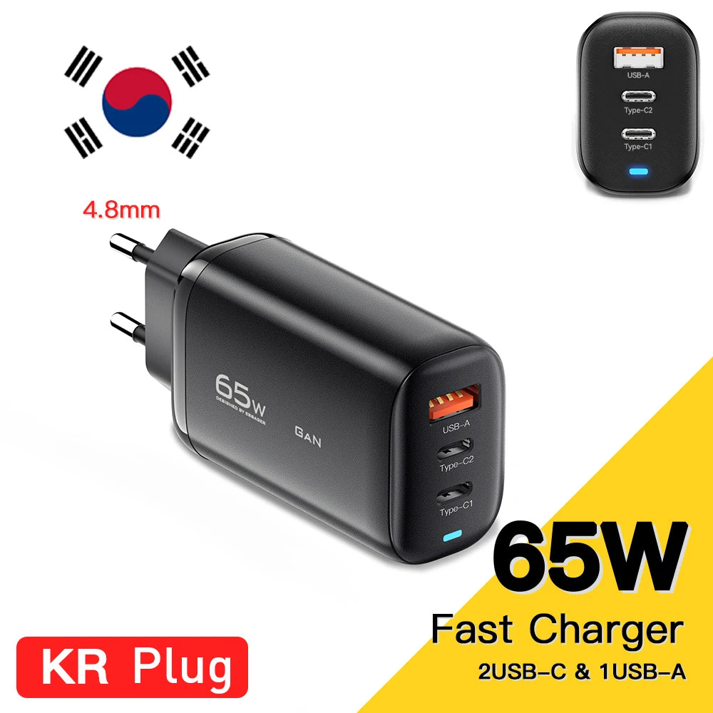 65W GaN Fast Charger - Triple Port USB-C Wall Charger for Laptop & Phone - 33