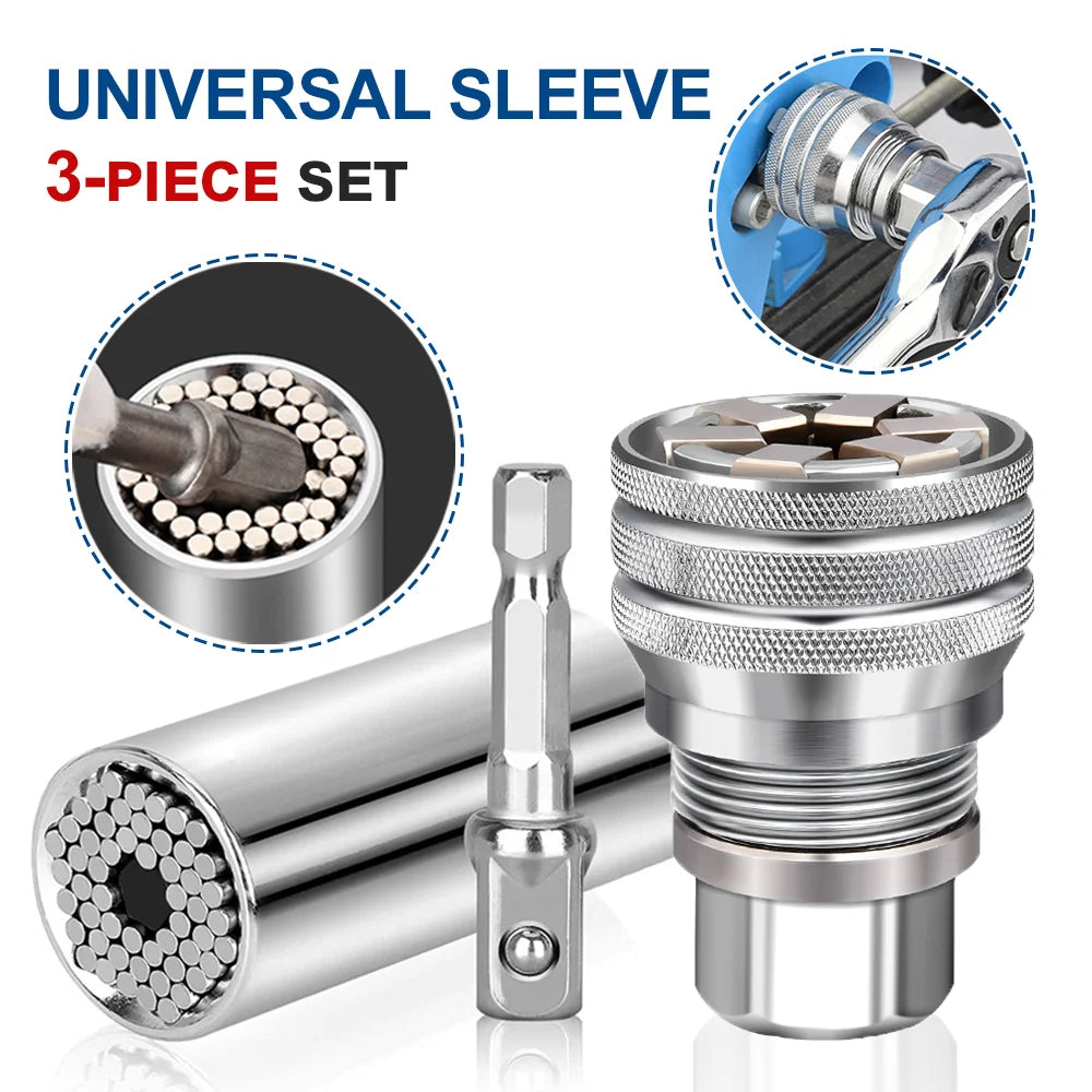 3-Piece Universal Socket Wrench & Adjustable Hex Sleeve Multi-Drill Attachment Set