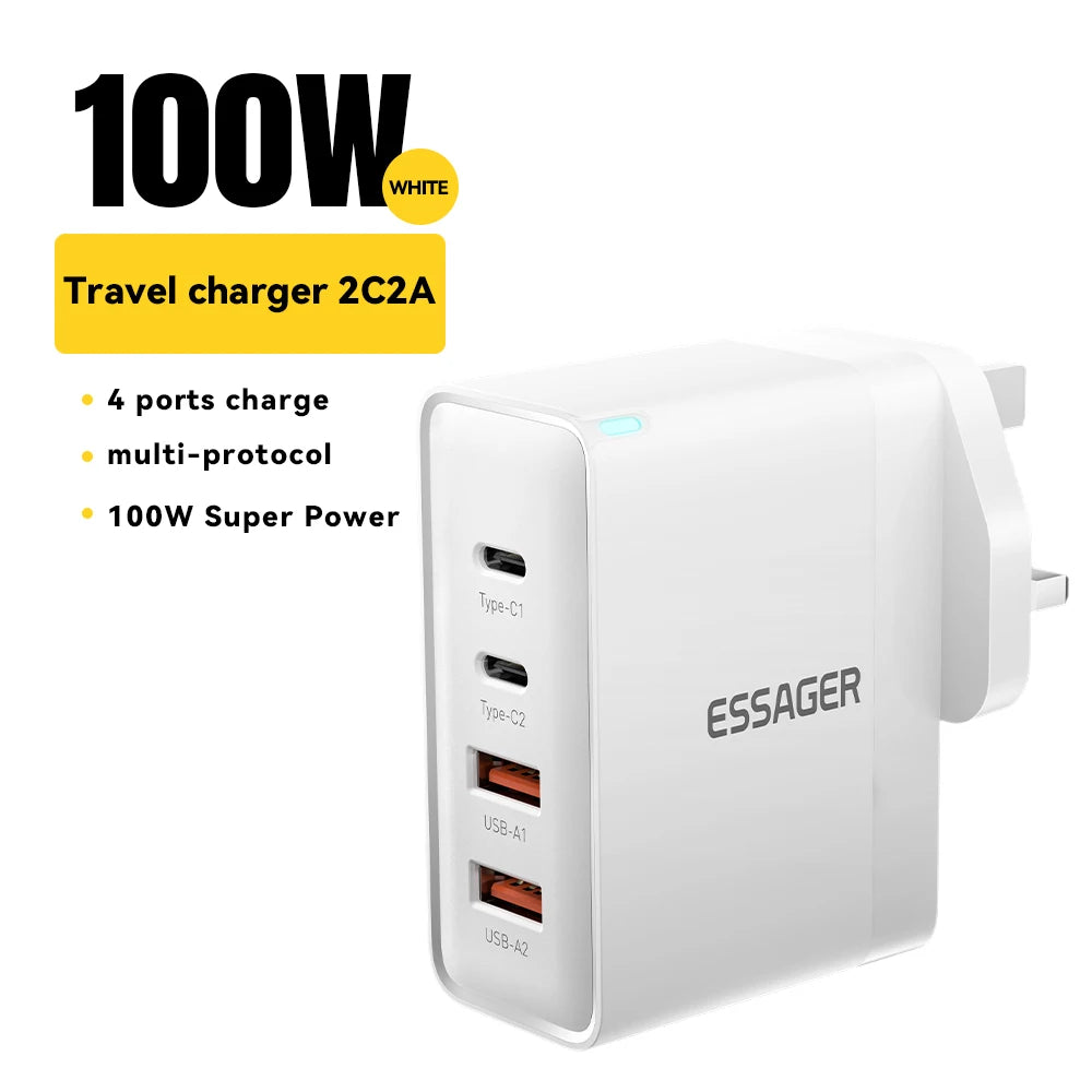 100W GaN Fast Charger - 4-Port USB-C Desktop Power Adapter for Laptop & Phone - 23