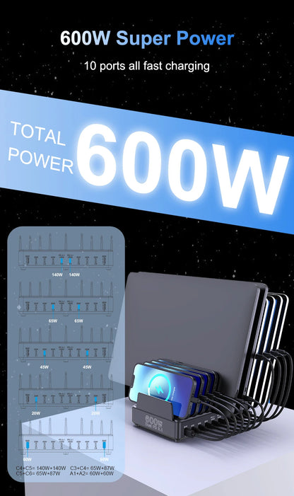 600W 10-Port GaN Desktop Charging Station - Fast PD 3.1 USB-C Charger