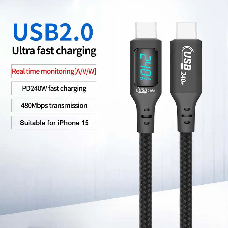 240W USB-C to USB-C Fast Charging Cable with Real-Time LED Power Display - 2
